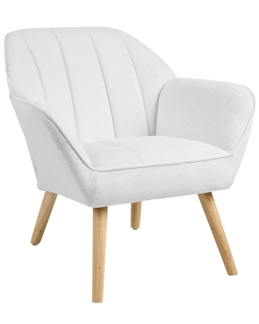 A modern accent chair upholstered in textured off-white fabric with vertical channel tufting on the backrest and tapered light wood legs, shown on a plain white background.