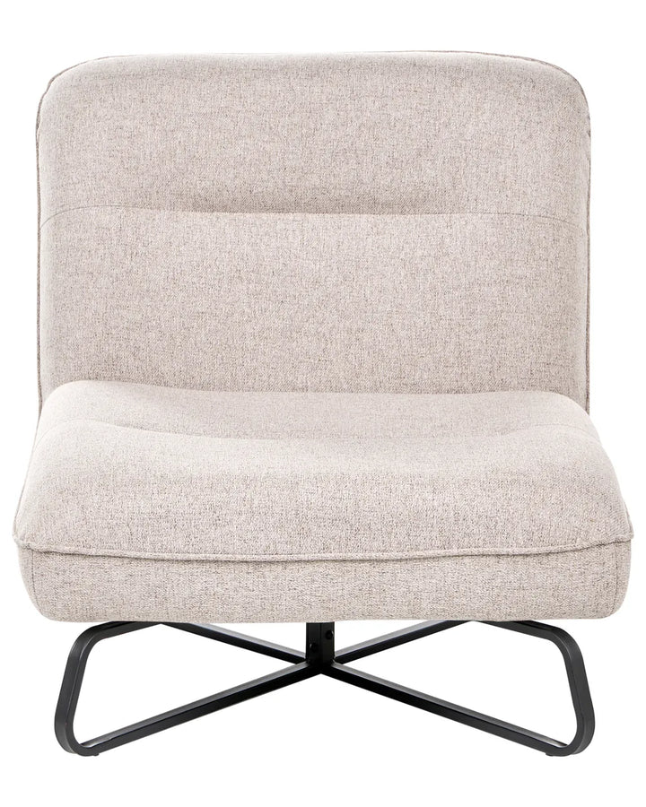 A modern low-profile accent chair with a textured light beige fabric upholstery and a black metal swivel base, shown against a plain white background.