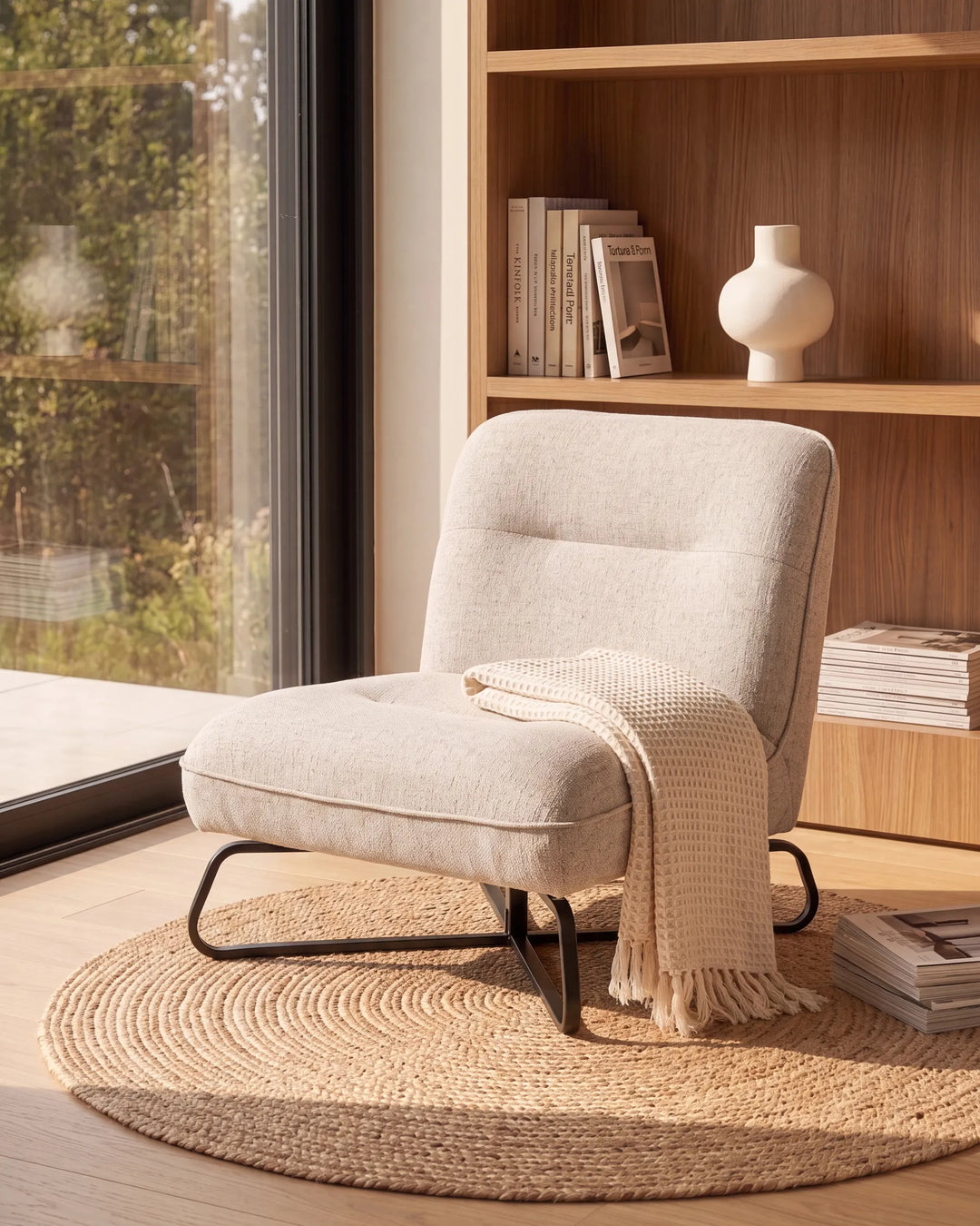 A light beige upholstered accent chair with black metal legs sits on a round woven jute rug in a bright room. A cream throw blanket is draped over the chair, with a wooden bookshelf and large window visible in the background.