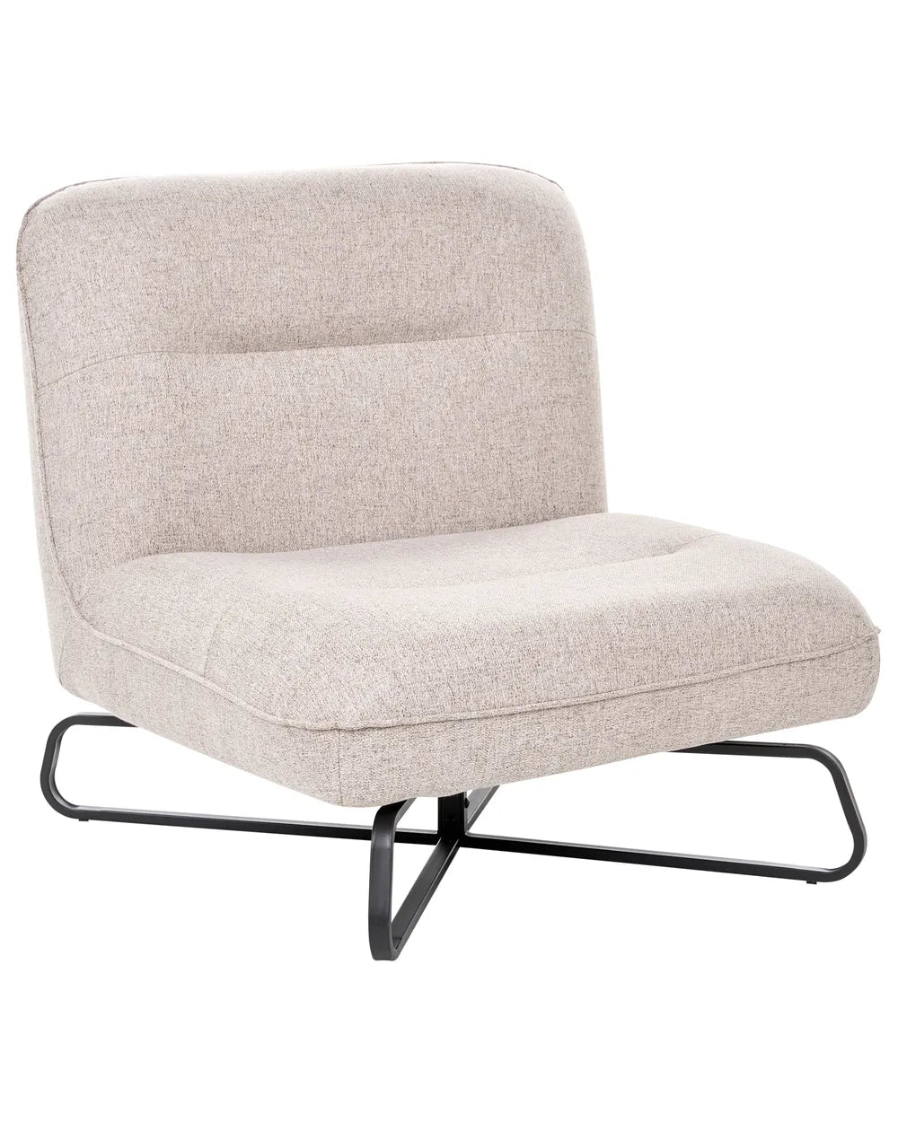 A modern low-profile accent chair with a light beige textured fabric upholstery and a black metal frame base, shown against a plain white background.
