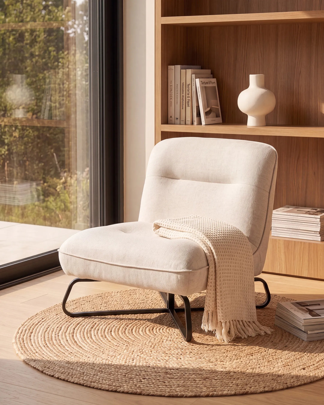 A cream upholstered accent chair with black metal legs sits on a round woven jute rug in a bright, modern room with a wooden bookshelf and large window.
