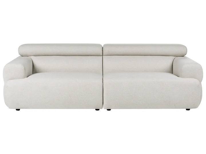 A modern two-seater sofa upholstered in a light beige fabric, shown from a front-facing perspective against a plain white background.