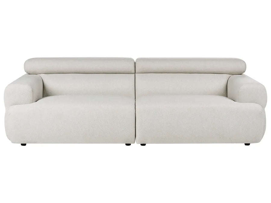 A modern two-seater sofa upholstered in a light beige fabric, shown from a front-facing perspective against a plain white background.