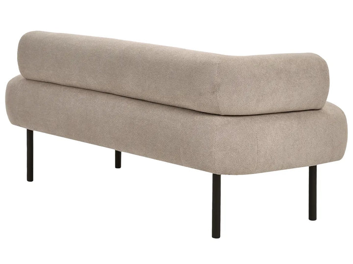 A modern upholstered bench with a curved backrest and slim black metal legs, shown on a plain white background.