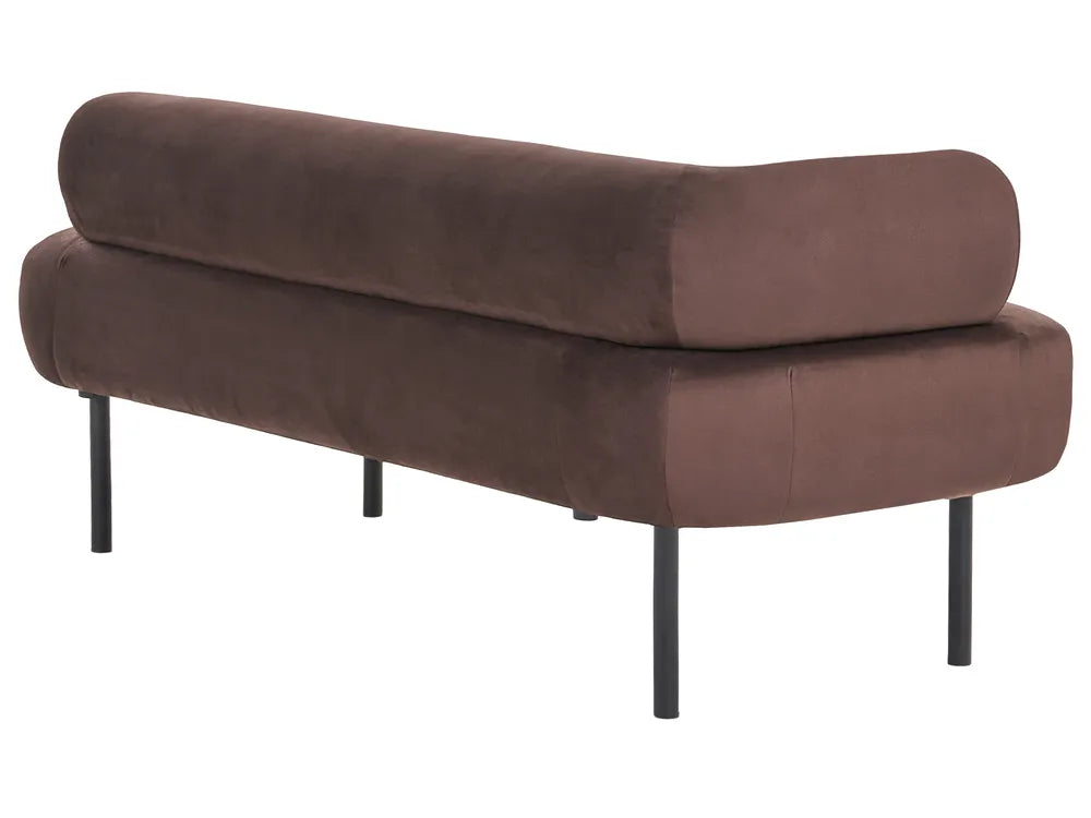 A brown upholstered bench with a thick rolled backrest and slim black metal legs, shown on a plain white background.