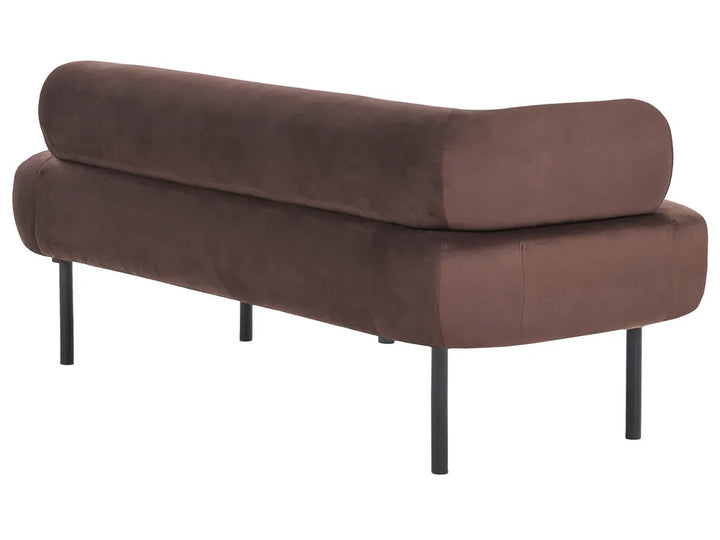 A brown upholstered bench with a thick rolled backrest and slim black metal legs, shown on a plain white background.