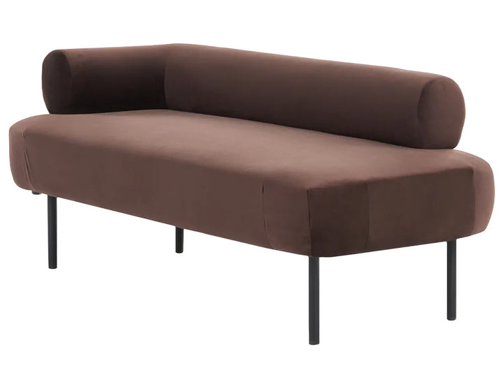 A brown upholstered daybed or bench with a rounded cylindrical backrest and slim black metal legs, shown on a plain white background.