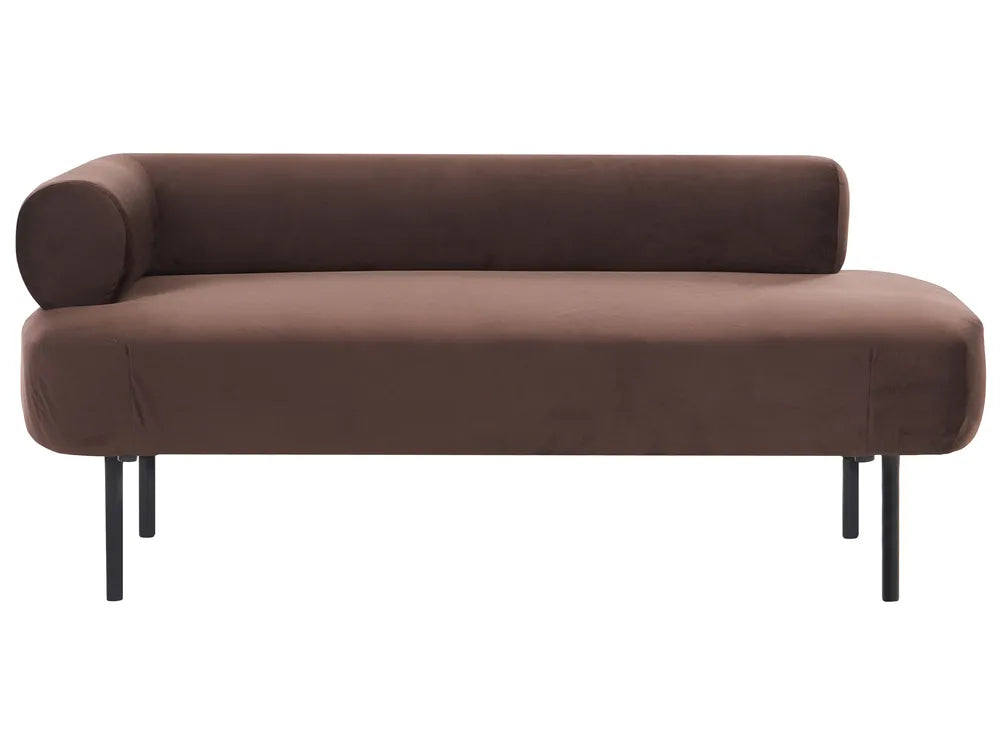 A modern brown velvet chaise lounge sofa with black metal legs, shown from a straight-on perspective against a plain white background.