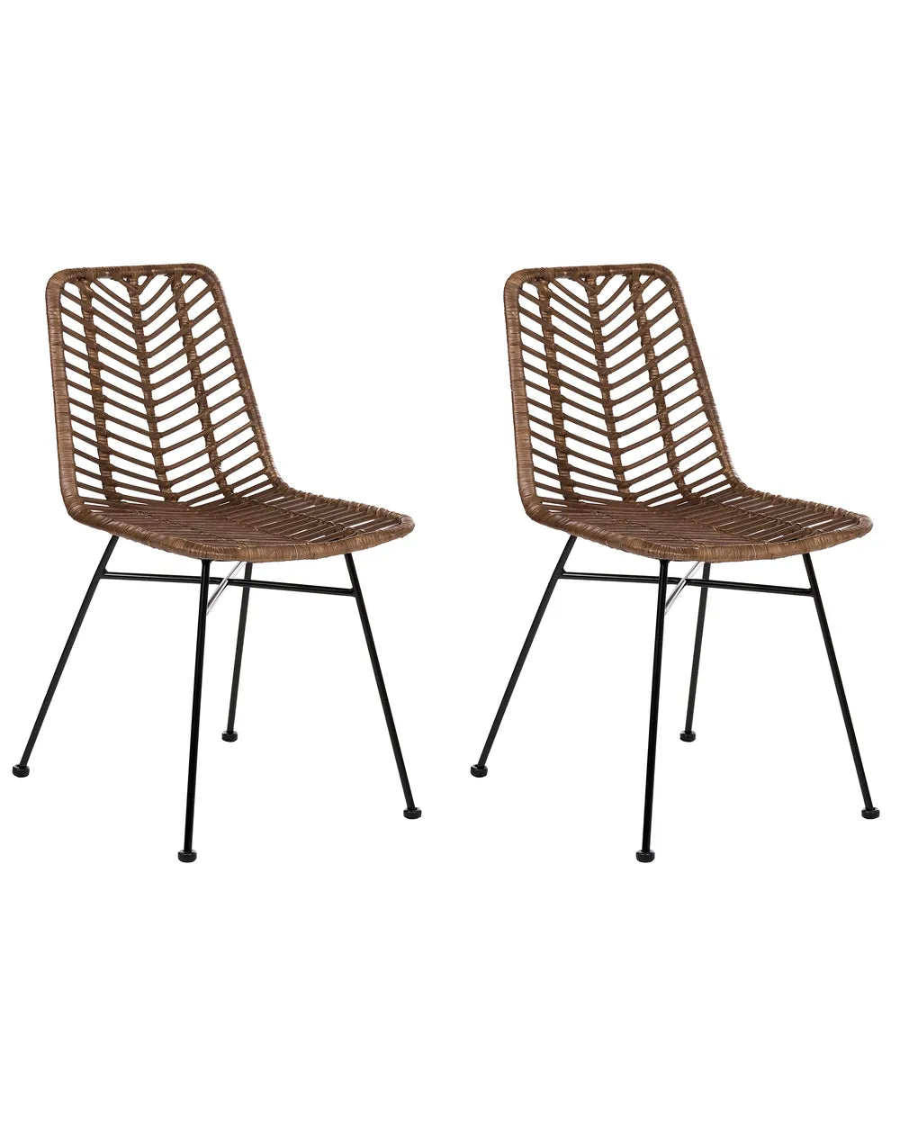 Two matching modern dining chairs with brown woven slatted seats and backs and black metal legs, shown on a plain white background.