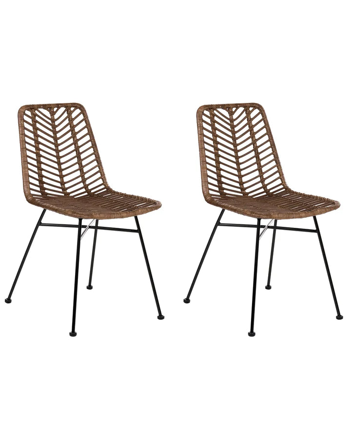 Two matching modern dining chairs with brown woven slatted seats and backs and black metal legs, shown on a plain white background.