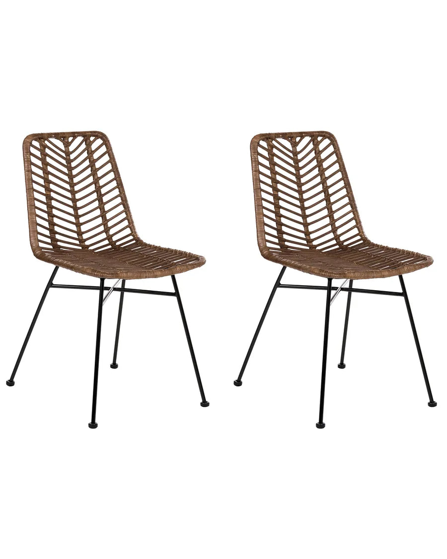 Two matching modern dining chairs with brown woven slatted seats and backs and black metal legs, shown on a plain white background.