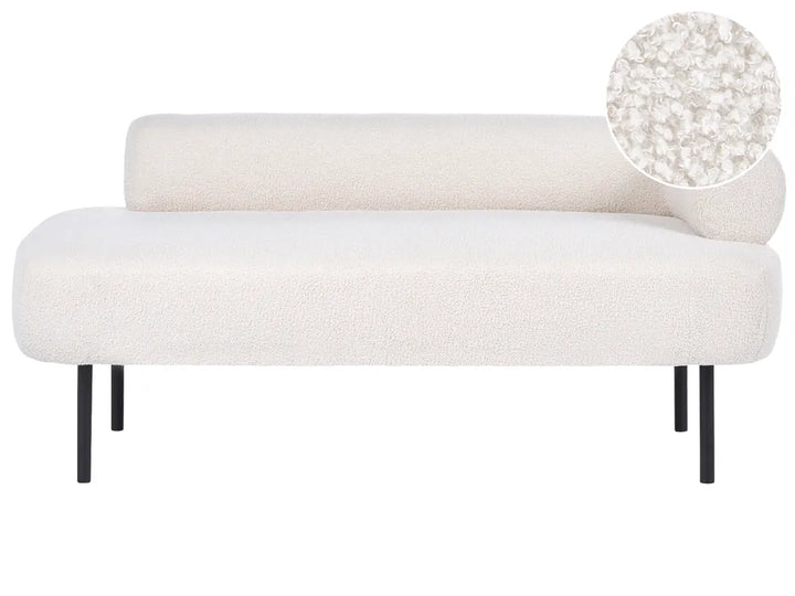 A modern low-profile upholstered bench or daybed with a rounded rectangular backrest and slim black legs, shown on a white background with a circular fabric close-up inset in the top right.
