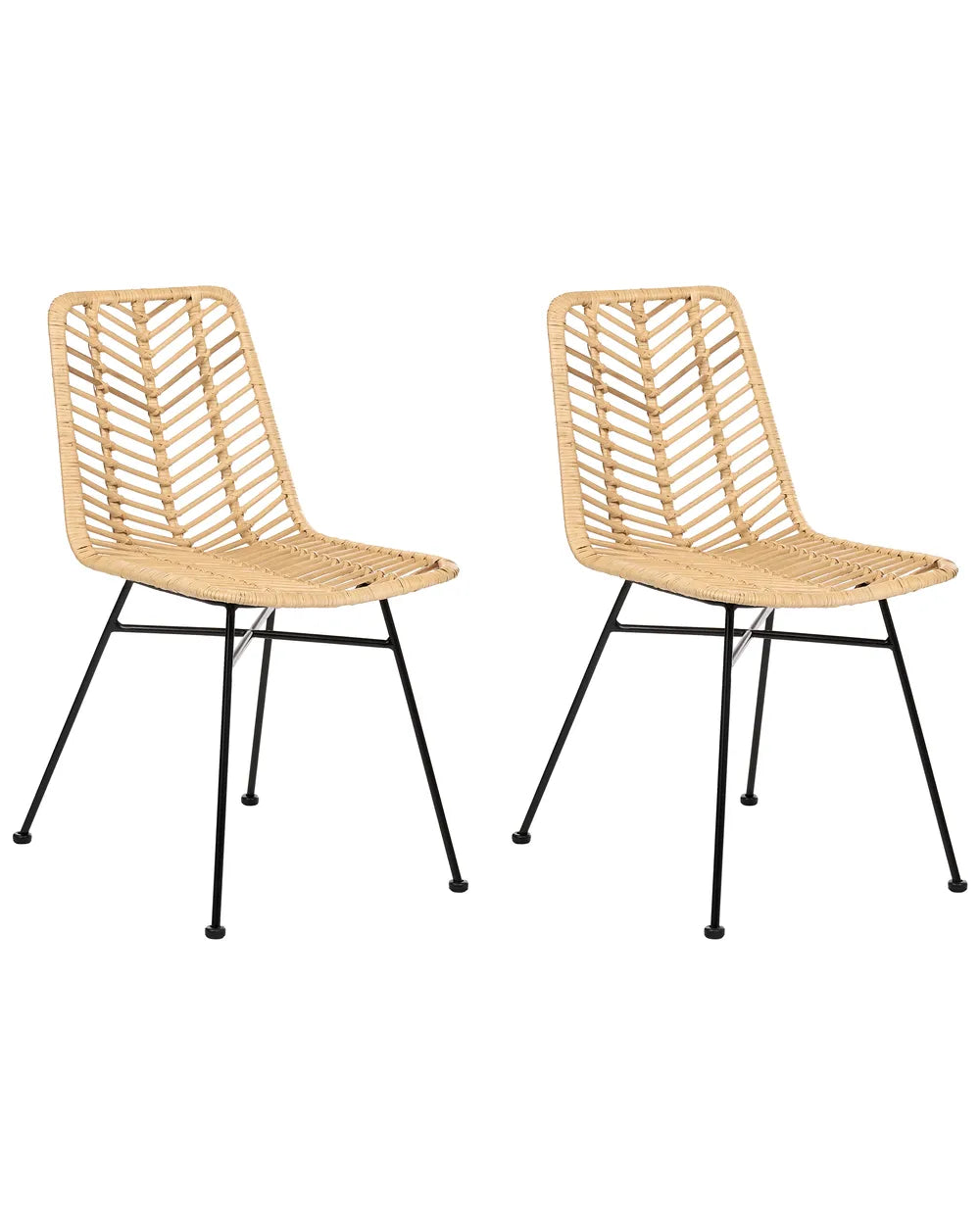 Two modern dining chairs with woven natural rattan seats and backs on black metal legs, shown side by side against a plain white background.