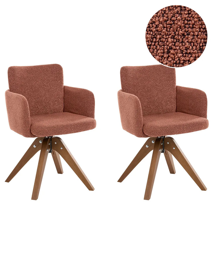 Two matching upholstered swivel armchairs with dusty rose-brown textured fabric and wooden tripod bases, shown on a white background with a circular fabric close-up inset in the top right.