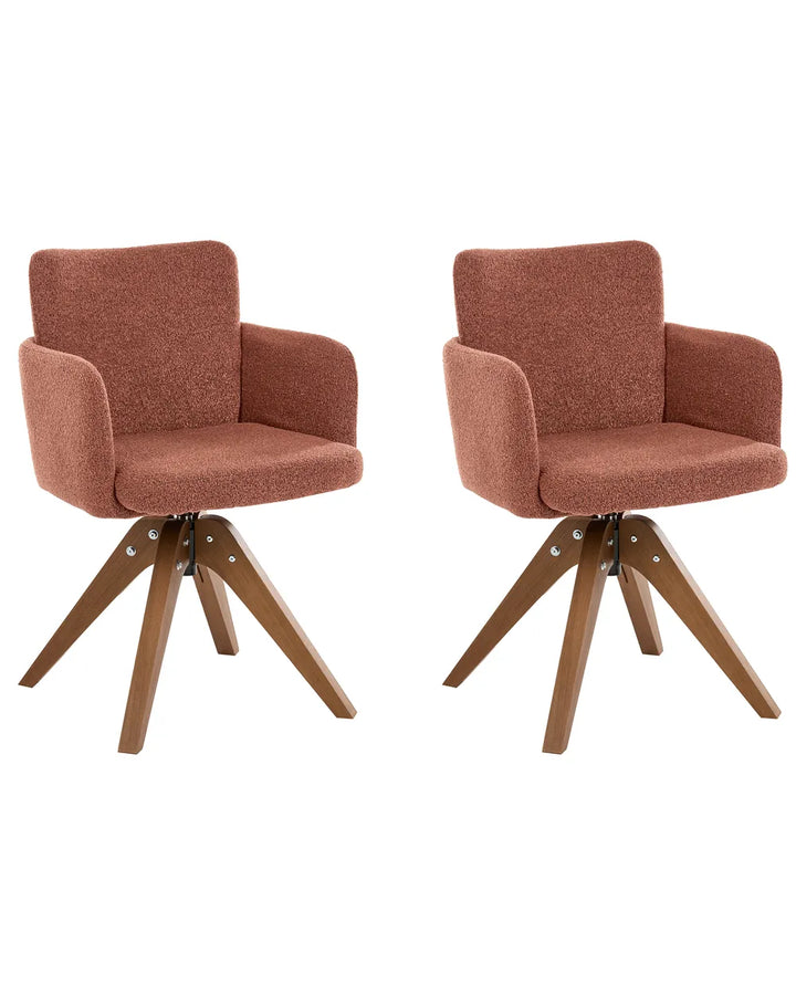 Two matching swivel armchairs with textured terracotta-brown upholstered seats and backs on wooden tripod bases, shown side by side against a plain white background.