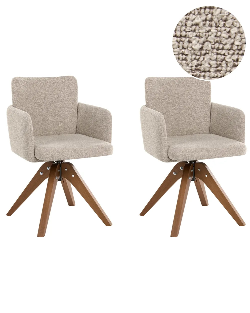 Two matching upholstered swivel armchairs with light beige fabric and wooden legs, shown on a white background with a circular fabric close-up inset.