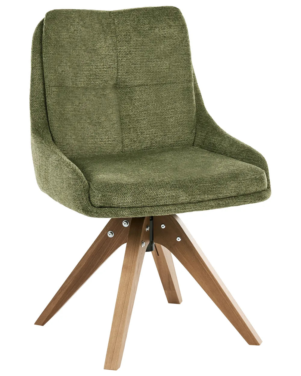 An upholstered swivel dining chair with a textured olive green fabric seat and backrest, supported by a natural wood four-star base.