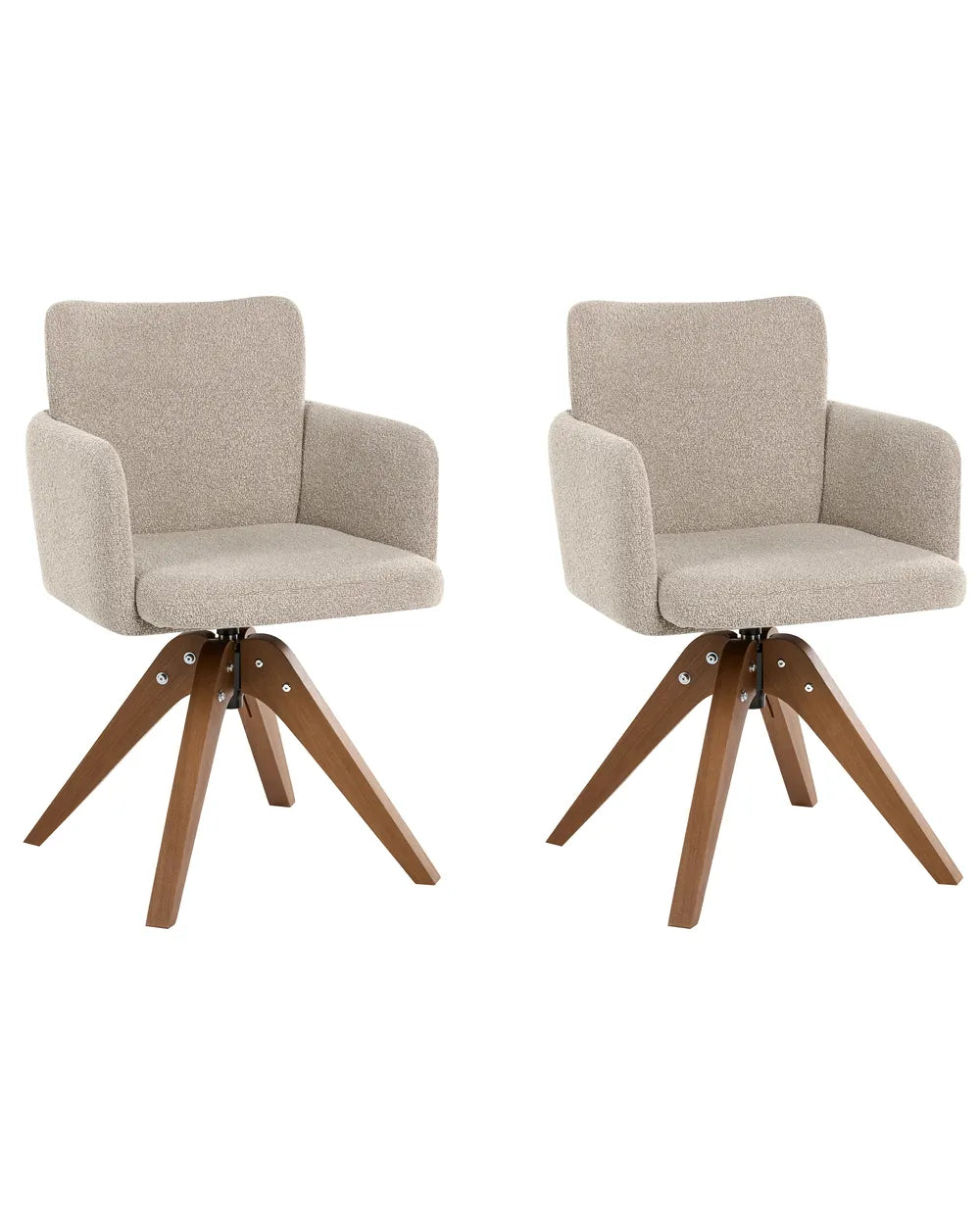 Two matching upholstered swivel armchairs with light beige fabric seats and backs and medium brown wooden star-style legs, shown on a plain white background.