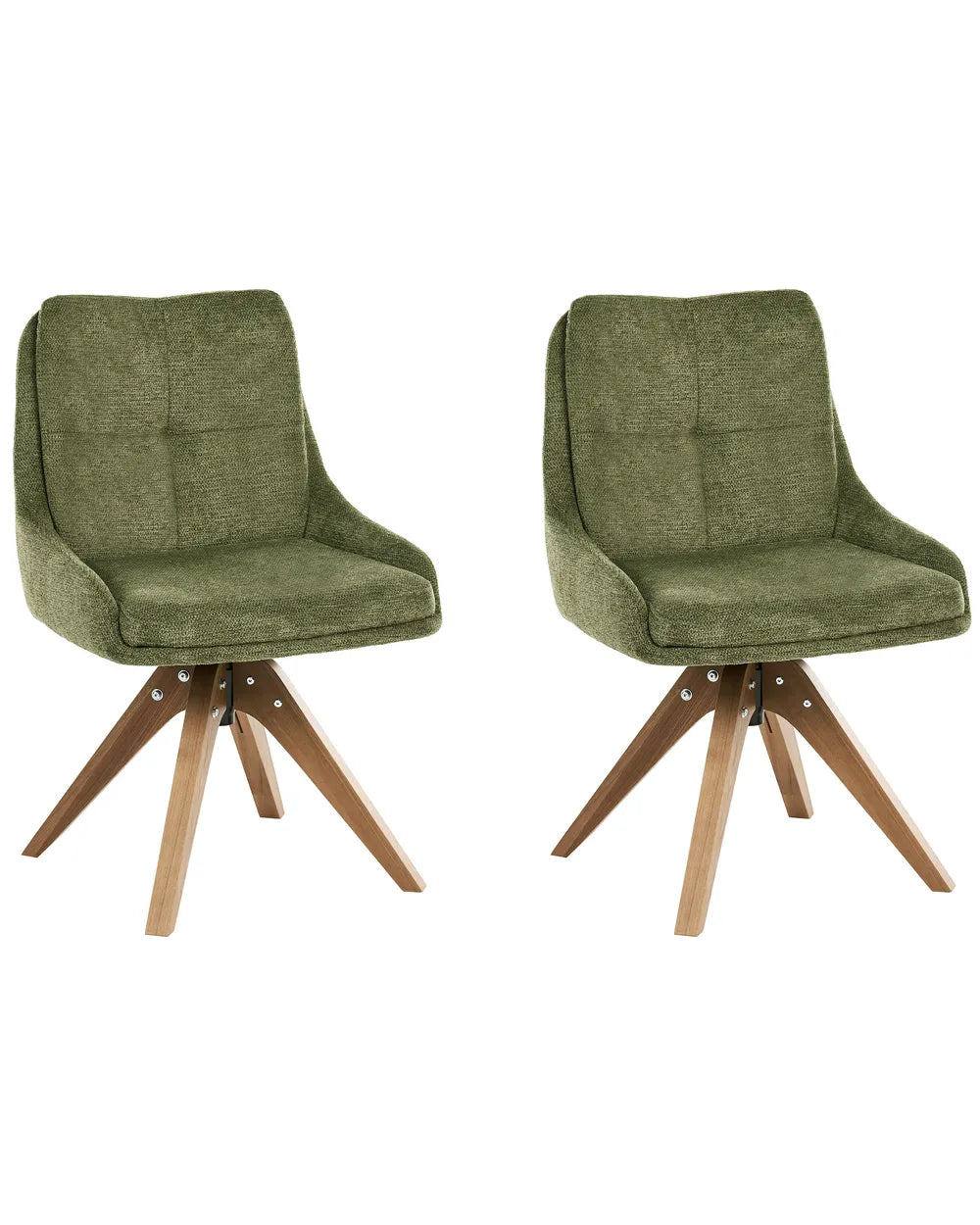 Two matching upholstered swivel dining chairs with olive green fabric seats and light brown wooden legs, shown on a plain white background.