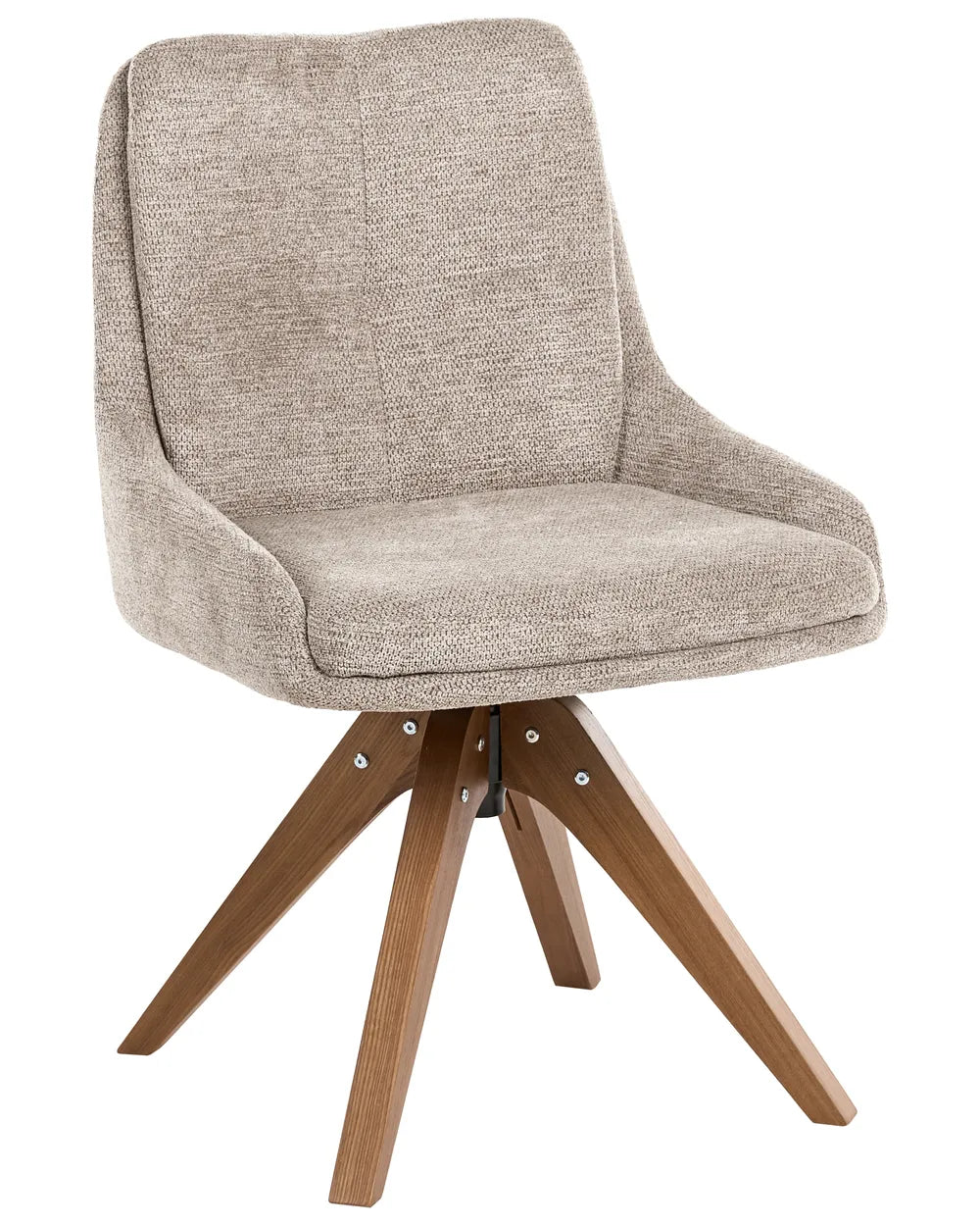 A modern upholstered swivel dining chair with a textured beige fabric seat and backrest, supported by a four-star wooden base with visible metal screw accents.