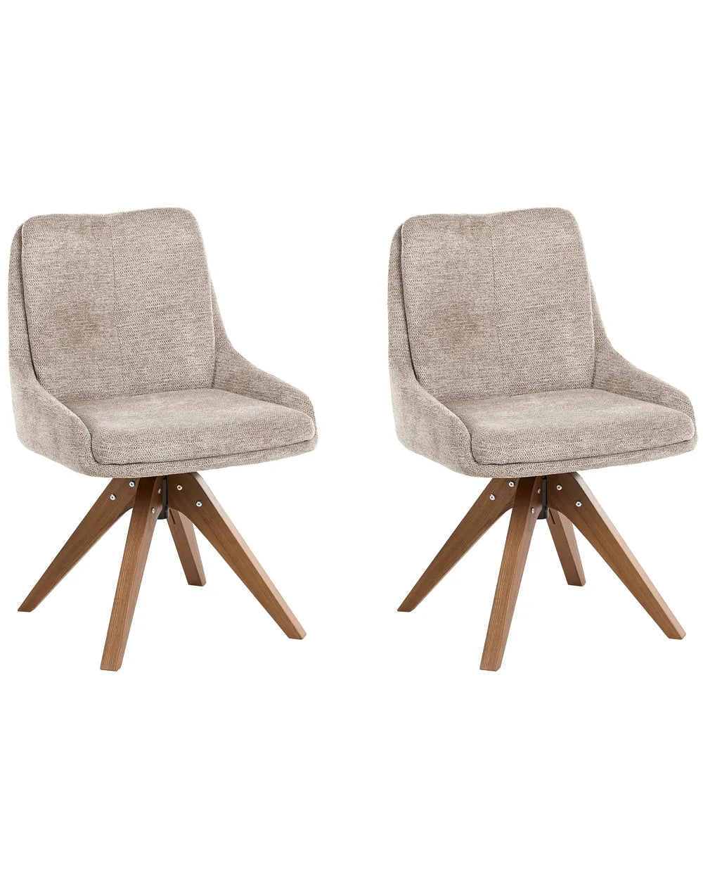 Two matching upholstered swivel dining chairs with light beige textured fabric seats and wooden star-style legs, shown on a plain white background.