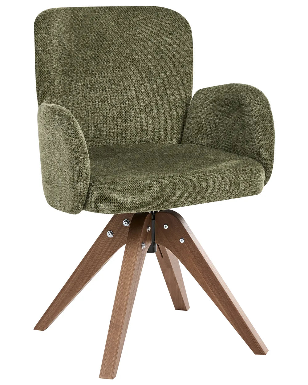 An upholstered swivel chair with a textured olive green fabric seat and back, supported by a four-star wooden base with a medium brown finish, shown against a plain white background.