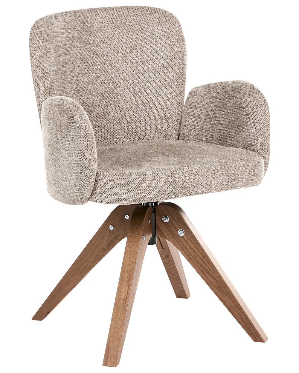 A modern swivel dining chair with a textured beige bouclé upholstered seat and backrest, supported by a natural wood four-star base.