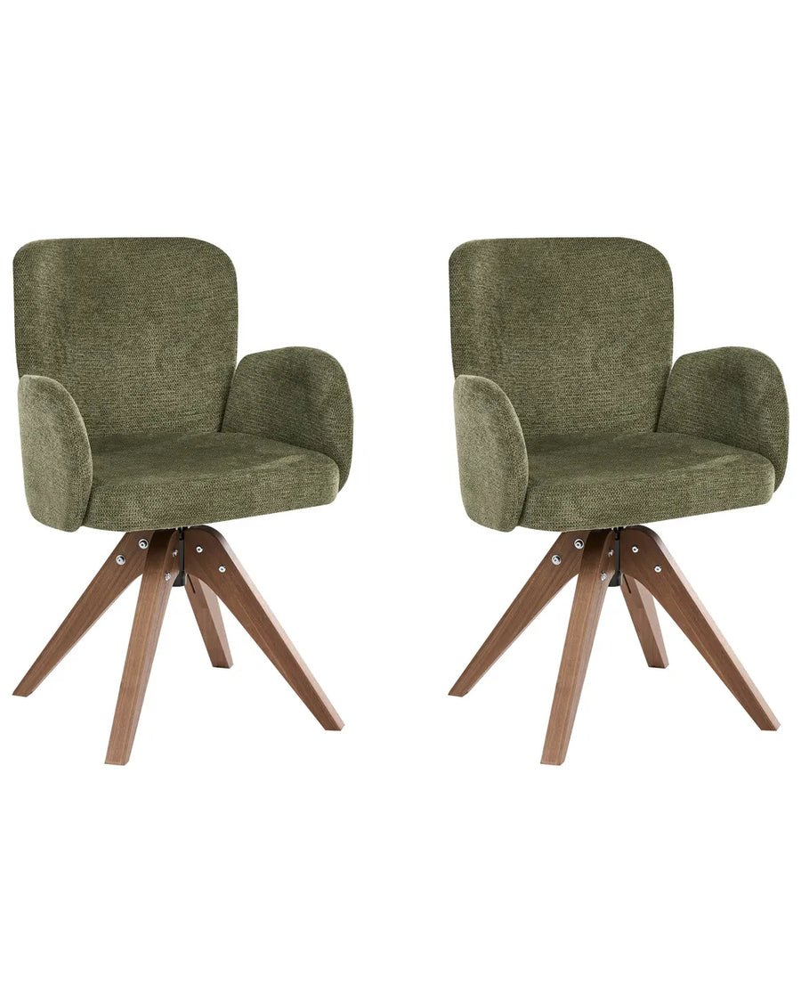 Two matching upholstered swivel armchairs with olive green fabric seats and curved wooden legs, shown side by side on a plain white background.