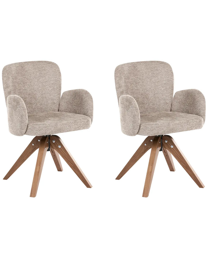 Two upholstered swivel armchairs with light beige fabric and wooden star bases, shown side by side on a white background.