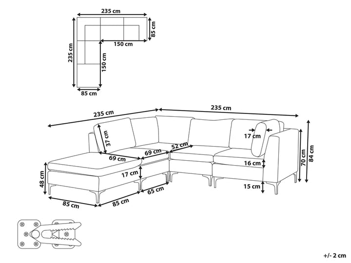 Modular Corner Sofa 4 Seater with Ottoman Velvet Grey Right Hand Brasen
