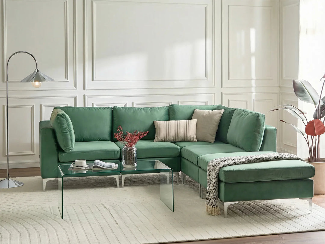 Green velvet sofa with ottoman