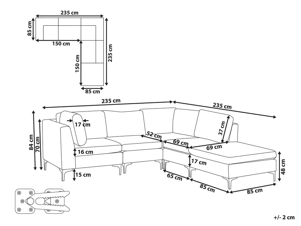 Modular Corner Sofa 4 Seater with Ottoman Velvet Grey Left Hand Brasen
