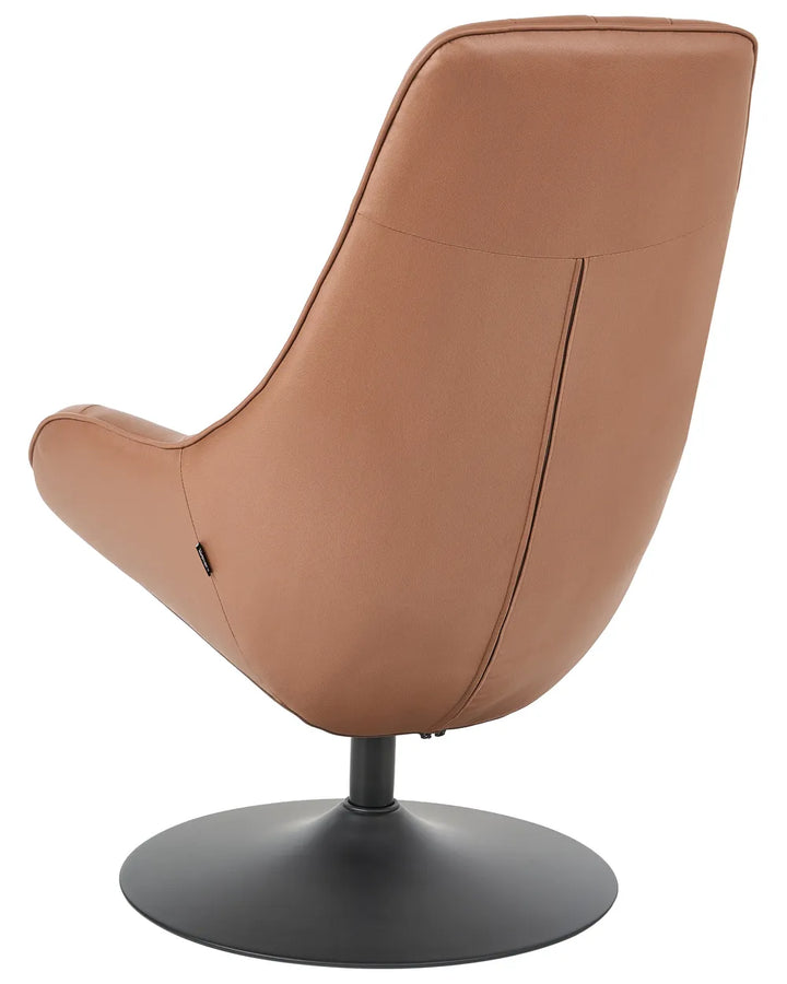 A modern lounge chair with a curved, high-back design upholstered in tan leather, mounted on a black swivel base with a circular pedestal footprint, shown from a three-quarters rear angle against a white background.