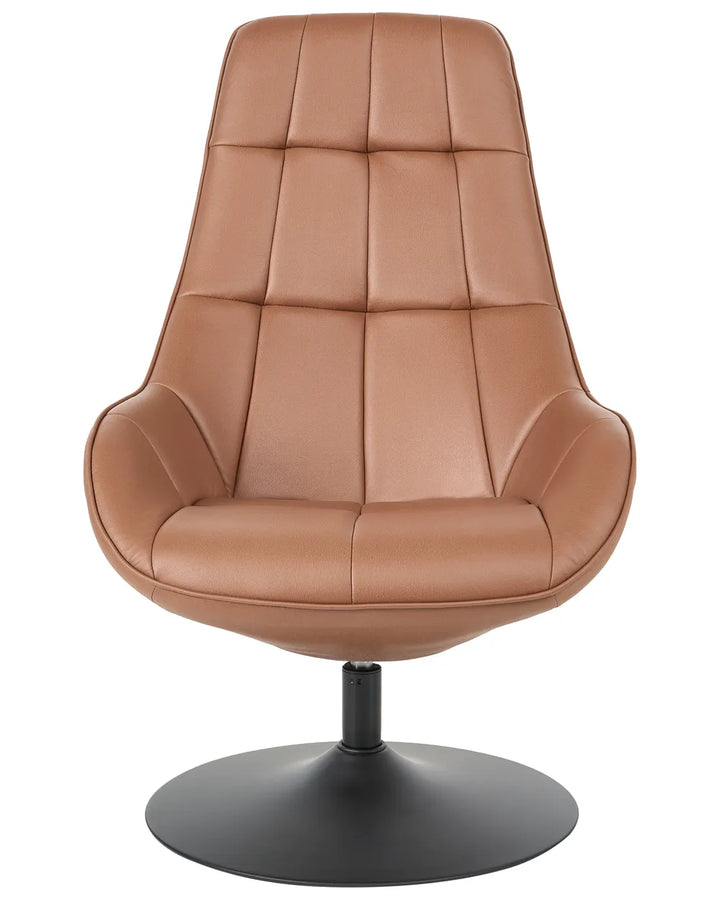 A modern high-back swivel lounge chair upholstered in tan leather with a segmented tufted backrest, supported by a black metal pedestal base on a white background.