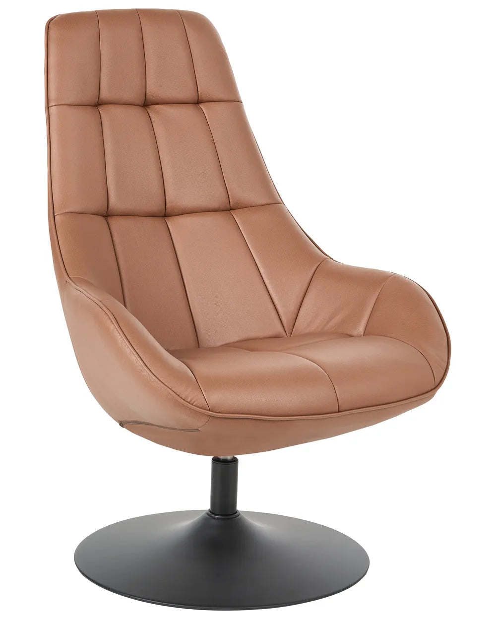 A modern high-back swivel lounge chair upholstered in tan leather with a segmented, tufted backrest and a black swivel base, shown against a plain white background.