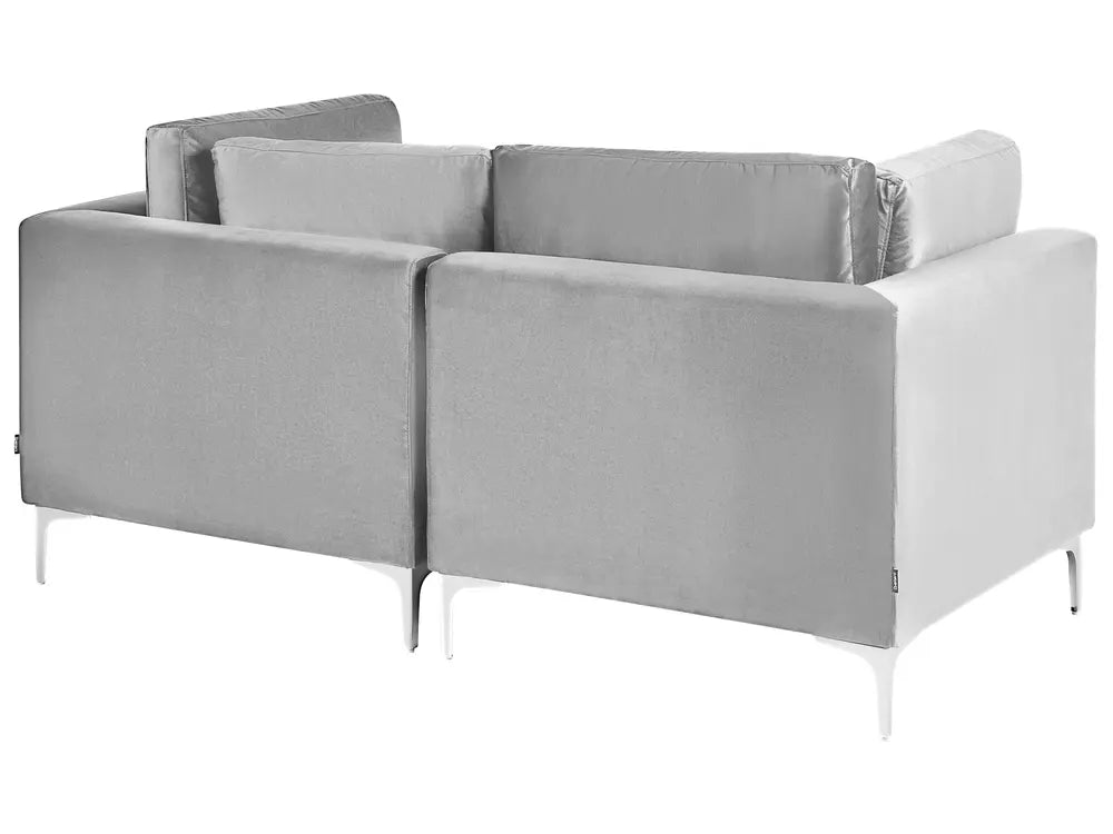 A light gray modular fabric sofa with two back cushions and slim white legs, shown against a plain white background.