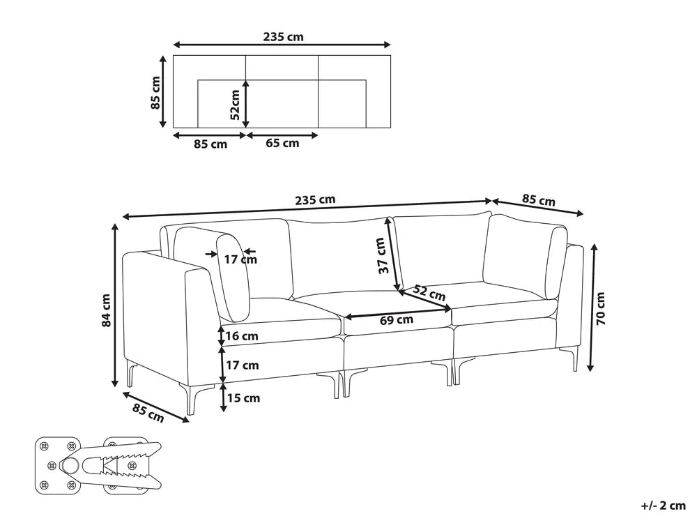Modular Sofa 3 Seater Velvet Grey Brasen