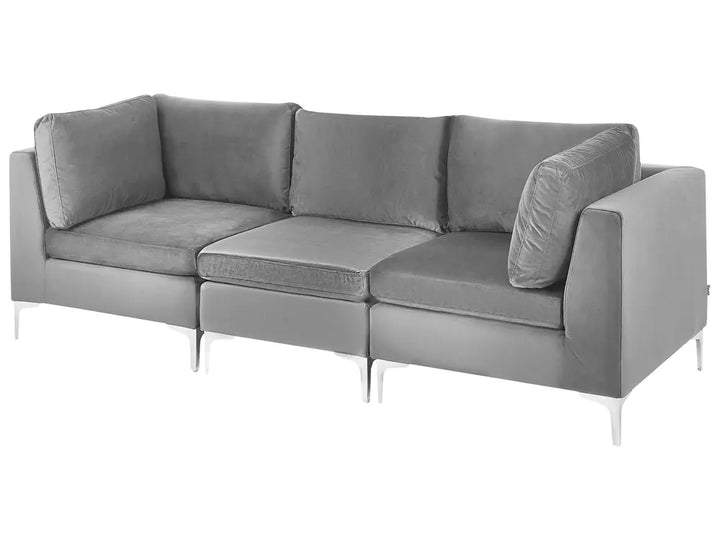 A modern three-seat sofa upholstered in textured gray fabric, featuring slim silver metal legs, shown against a plain white background.