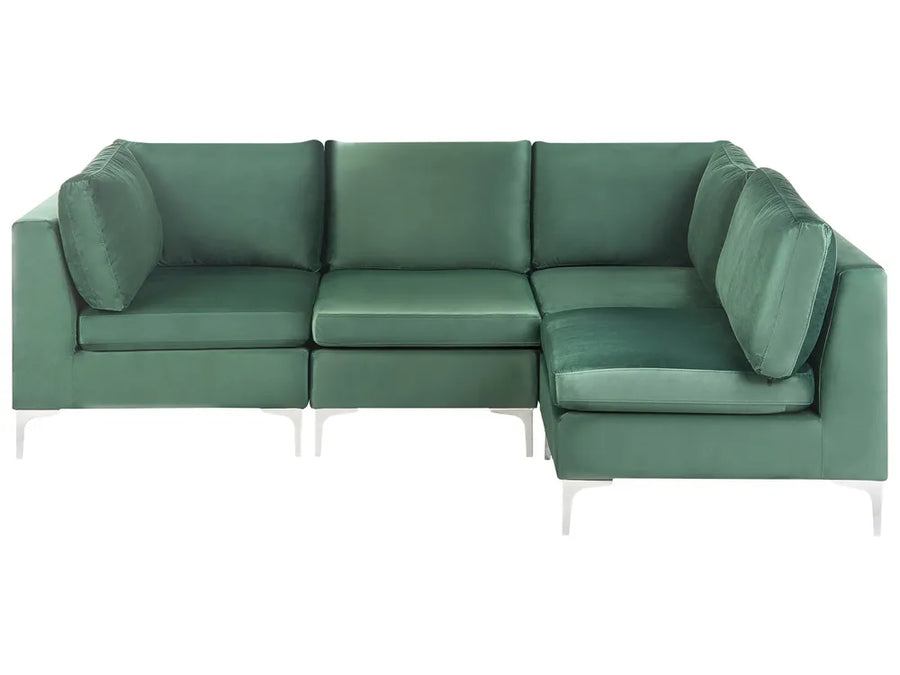 A modern three-seat sectional sofa upholstered in a textured sage green fabric, featuring a right-facing chaise lounge and slim white metal legs, shown against a plain white background.