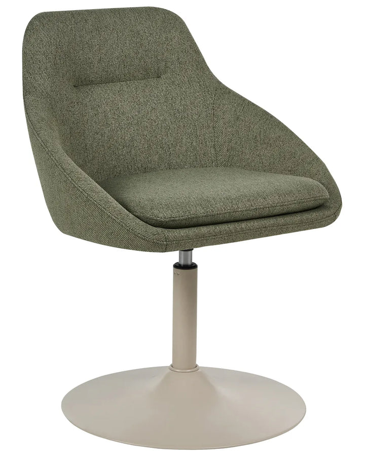 A modern swivel armchair upholstered in textured sage green fabric, featuring a curved backrest, a cushioned seat, and a round pedestal base in a light beige tone.