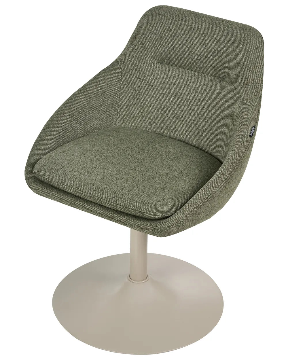 A modern swivel dining chair upholstered in textured sage green fabric, featuring a curved backrest, a matching seat cushion, and a round pedestal base in a light beige tone.