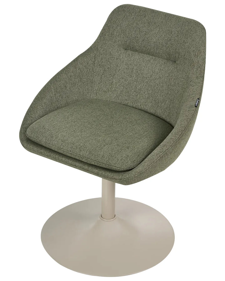 A modern swivel dining chair upholstered in textured sage green fabric, featuring a curved backrest, a matching seat cushion, and a round pedestal base in a light beige tone.