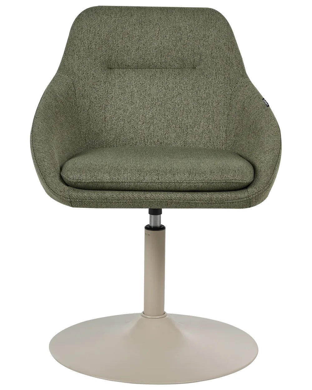 An upholstered swivel chair with a rounded, molded seat and back in textured sage green fabric, supported by a beige pedestal base on a white background.