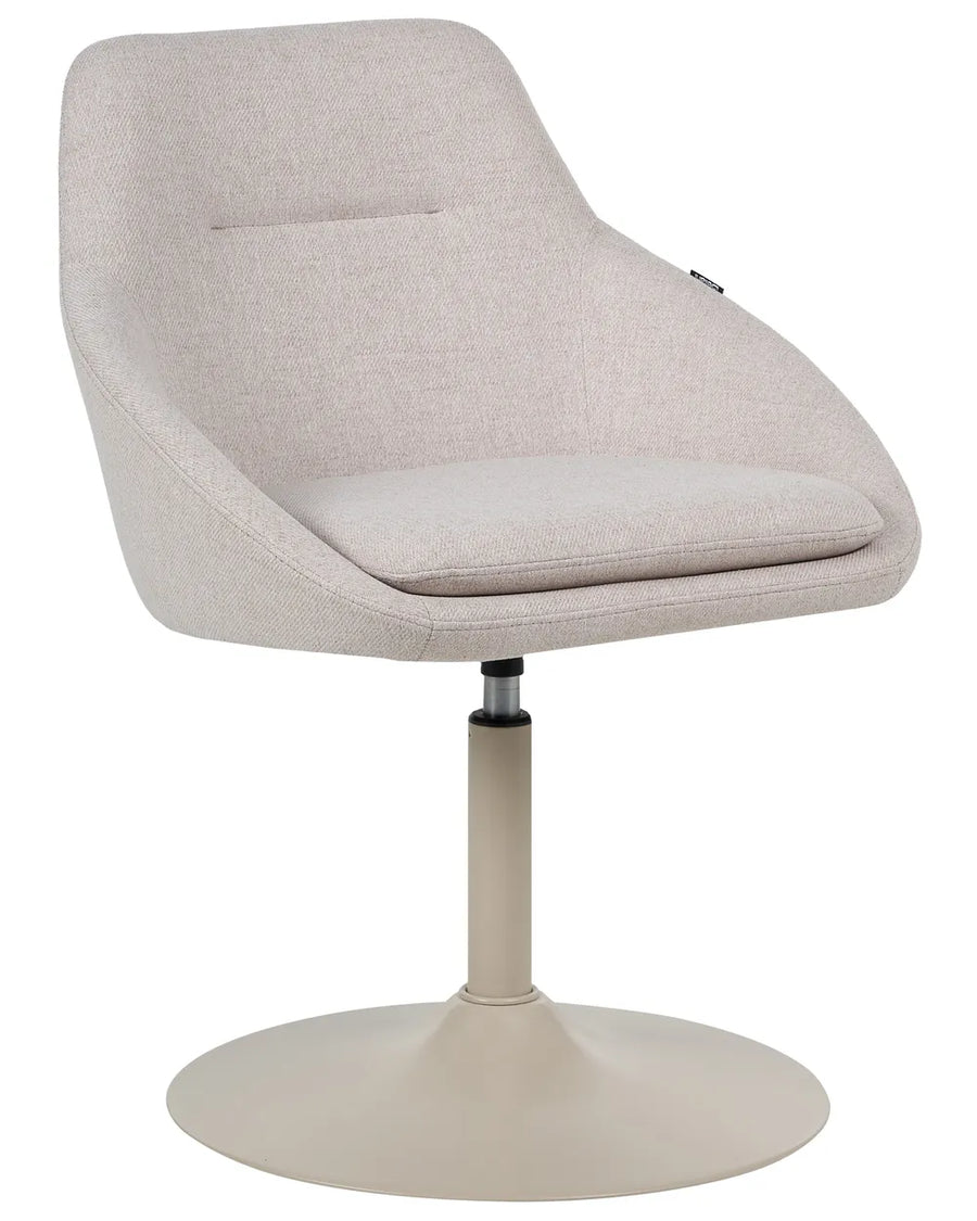 A modern swivel armchair upholstered in a light beige textured fabric, featuring a curved backrest, a matching seat cushion, and a round pedestal base.