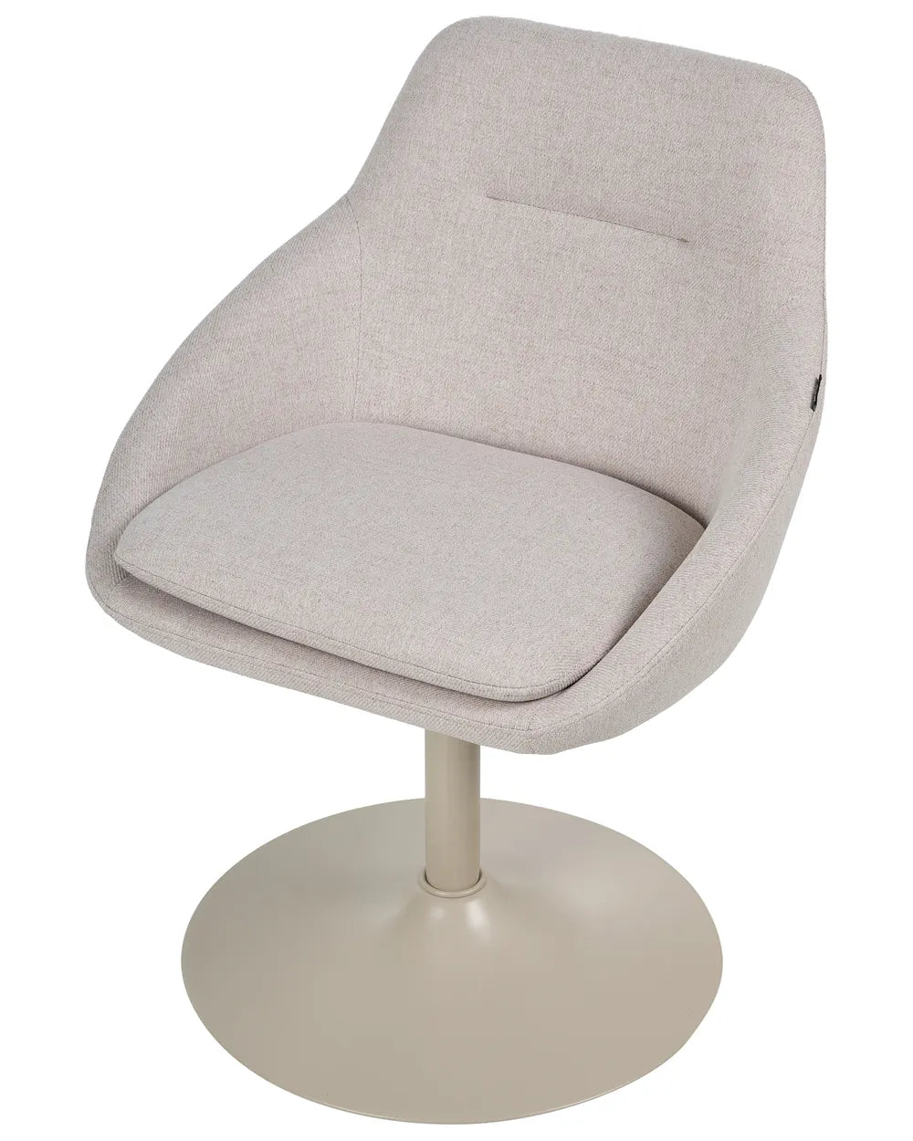A modern swivel armchair with a light beige textured fabric upholstery and a round pedestal base, shown against a plain white background.