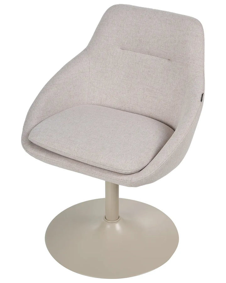 A modern swivel armchair with a light beige textured fabric upholstery and a round pedestal base, shown against a plain white background.