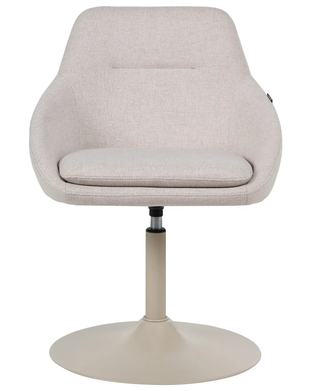 A modern swivel chair with a light beige textured fabric upholstered seat and curved backrest, supported by a matching beige pedestal base on a white background.
