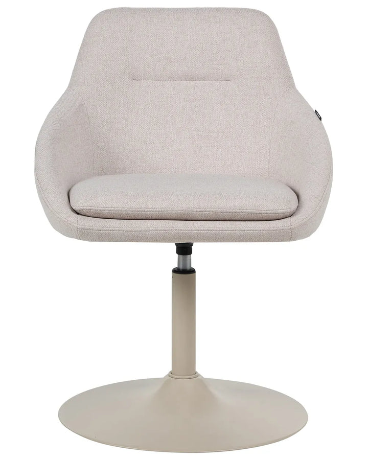 A modern swivel chair with a light beige textured fabric upholstered seat and curved backrest, supported by a matching beige pedestal base on a white background.