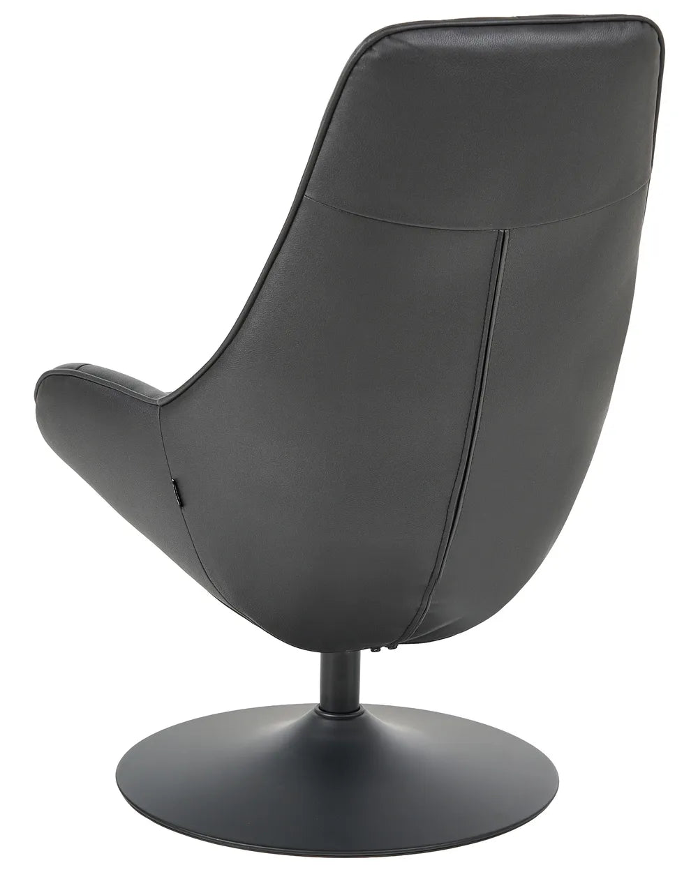 A modern black swivel lounge chair with a curved, high-back shell design and a circular metal base, shown from a three-quarters angle on a white background.