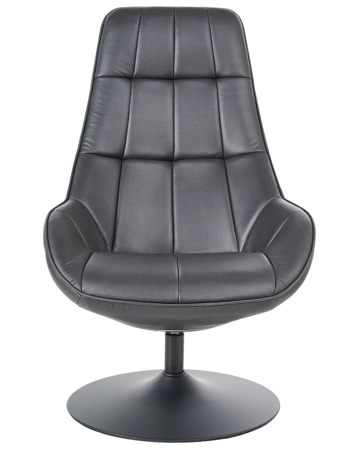 A modern black faux leather swivel lounge chair with a high, vertically channel-tufted backrest, molded seat, and a round black metal pedestal base, shown against a plain white background.